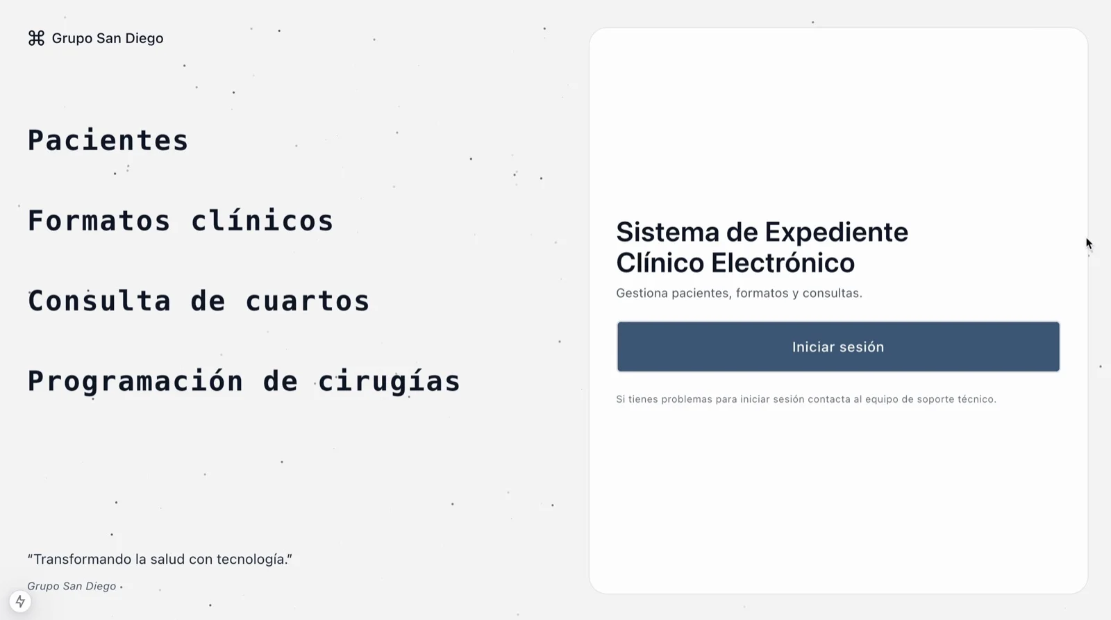 Pantalla real de acceso al sistema clínico de Grupo San Diego